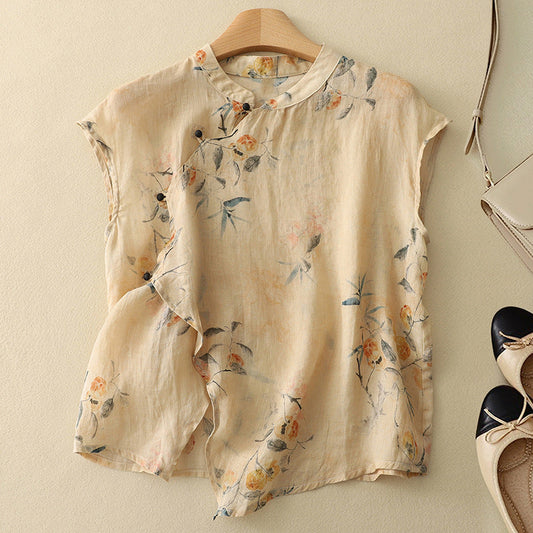 Top senza maniche vintage con collo alla coreana — Top floreale fluido