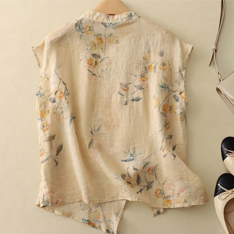 Top senza maniche vintage con collo alla coreana — Top floreale fluido