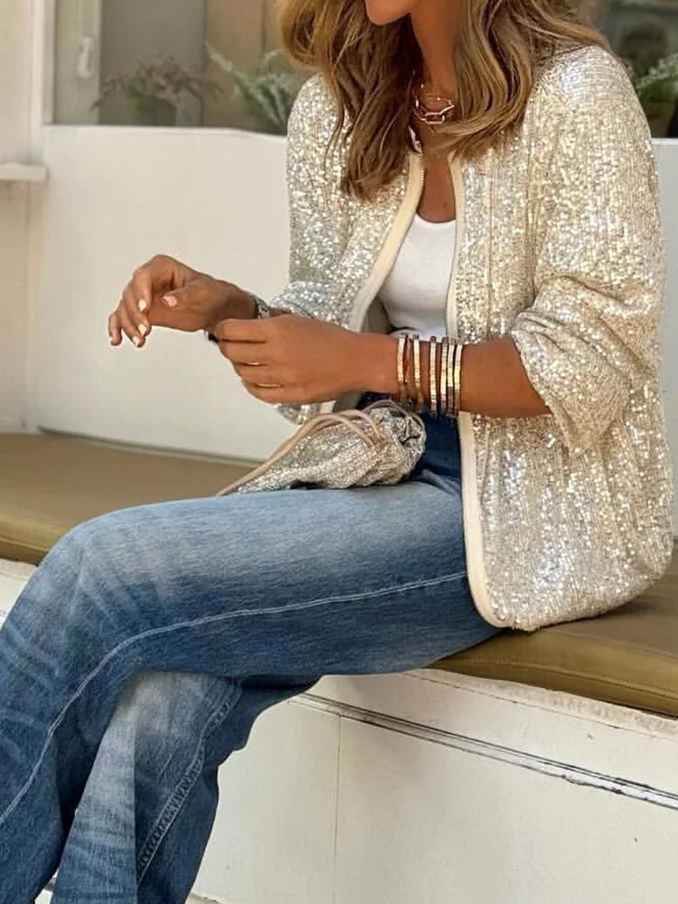 Giacca loungewear con paillettes e scollo a O — Giacca comoda con zip