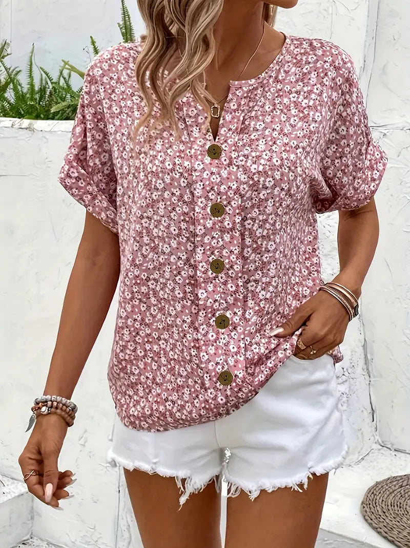 Blusa floreale di lino con dettaglio a bottoni — Camicia chic e versatile