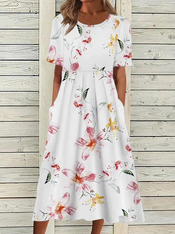 Abito midi floreale stampato — Abito a A leggero e fresco