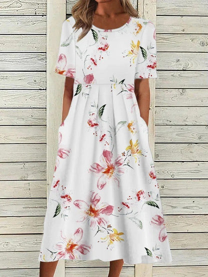 Abito midi floreale stampato — Abito a A leggero e fresco