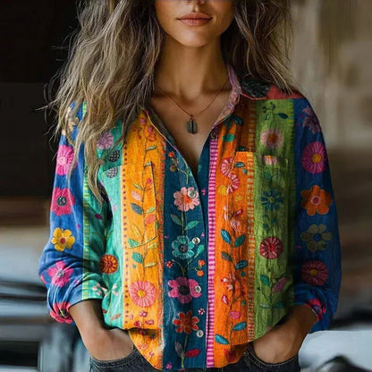 Blusa boho con stampa floreale — Blusa a manica lunga con colletto a camicia