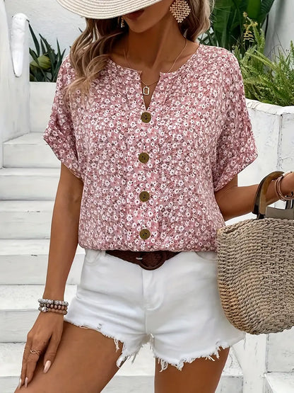 Blusa floreale di lino con dettaglio a bottoni — Camicia chic e versatile