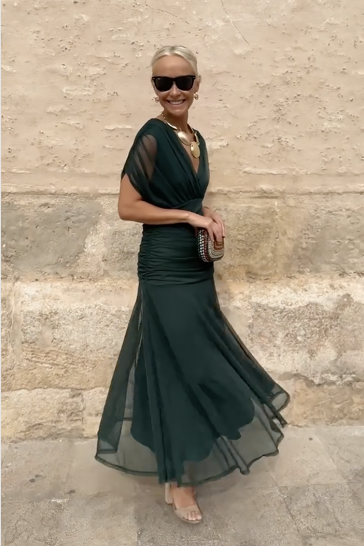 Vestido largo de fiesta con cuello en pico para mujer, fluido