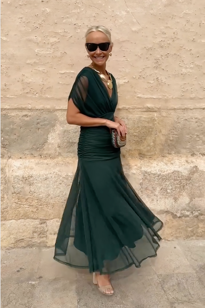 Vestido largo de fiesta con cuello en pico para mujer, fluido