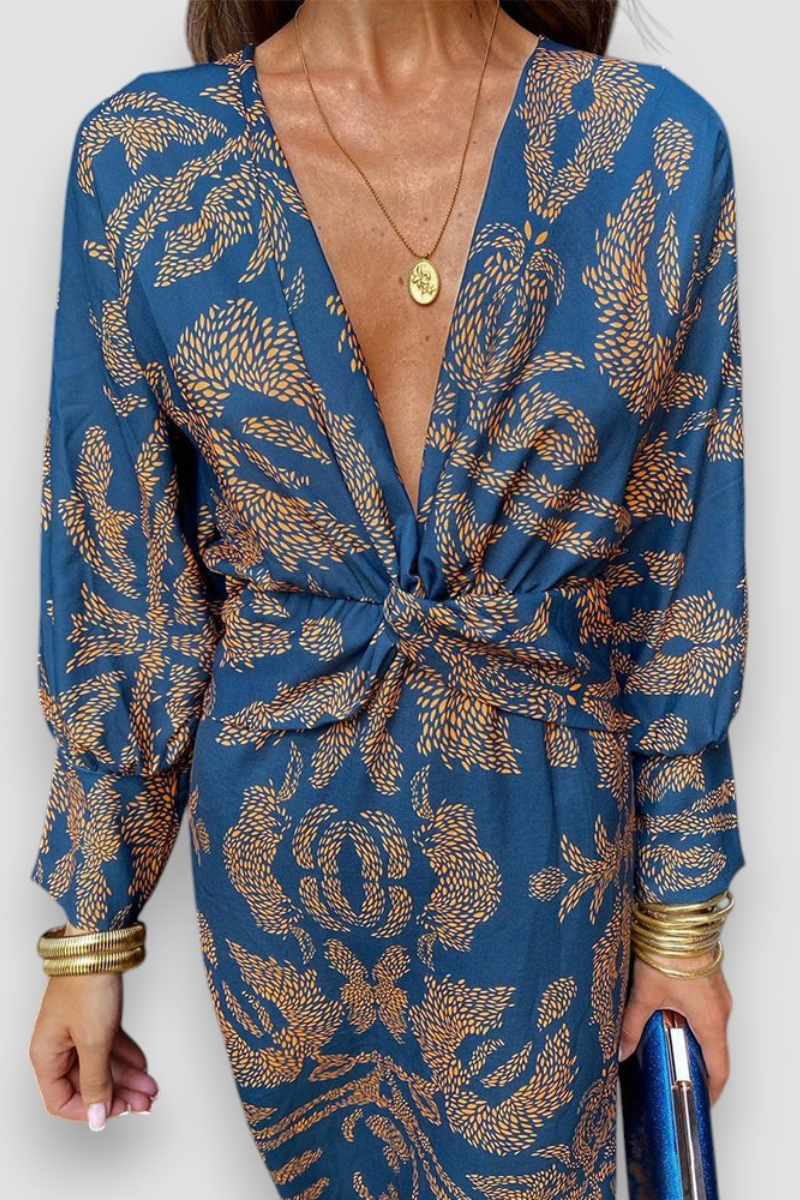 Abito midi floreale con dettaglio a nodo — Abito elegante a manica lunga