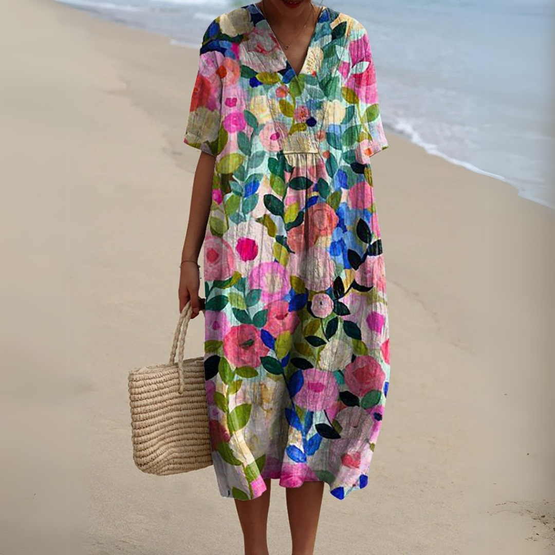 Vestido de cuello en pico con estampado floral para mujer