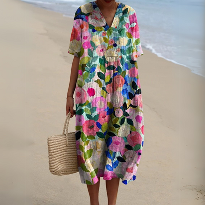 Vestido de cuello en pico con estampado floral — Vestido fluido de verano