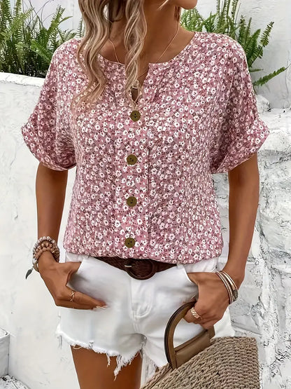 Blusa floreale di lino con dettaglio a bottoni — Camicia chic e versatile