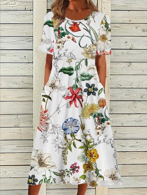 Abito midi floreale stampato — Abito a A leggero e fresco