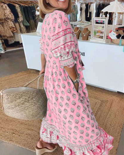 Vestido floral de cuello en pico para mujer, elegante