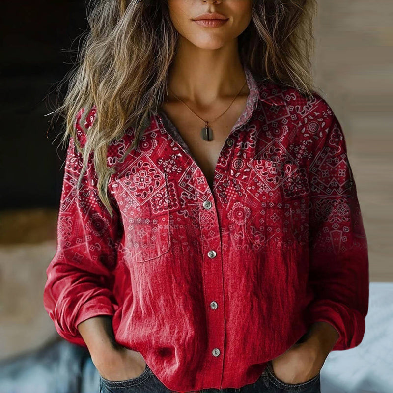 Blusa boho con stampa floreale — Blusa a manica lunga con colletto a camicia