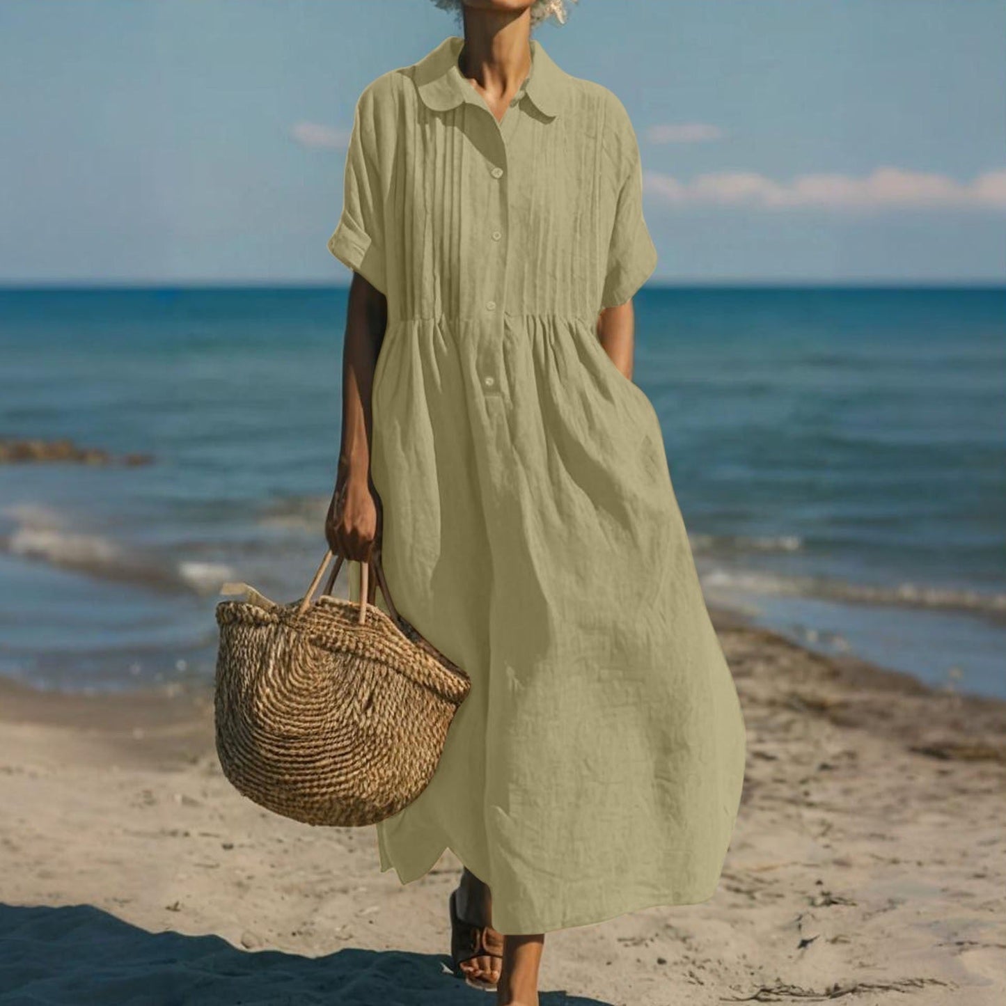 Vestido camisero para mujer, largo midi