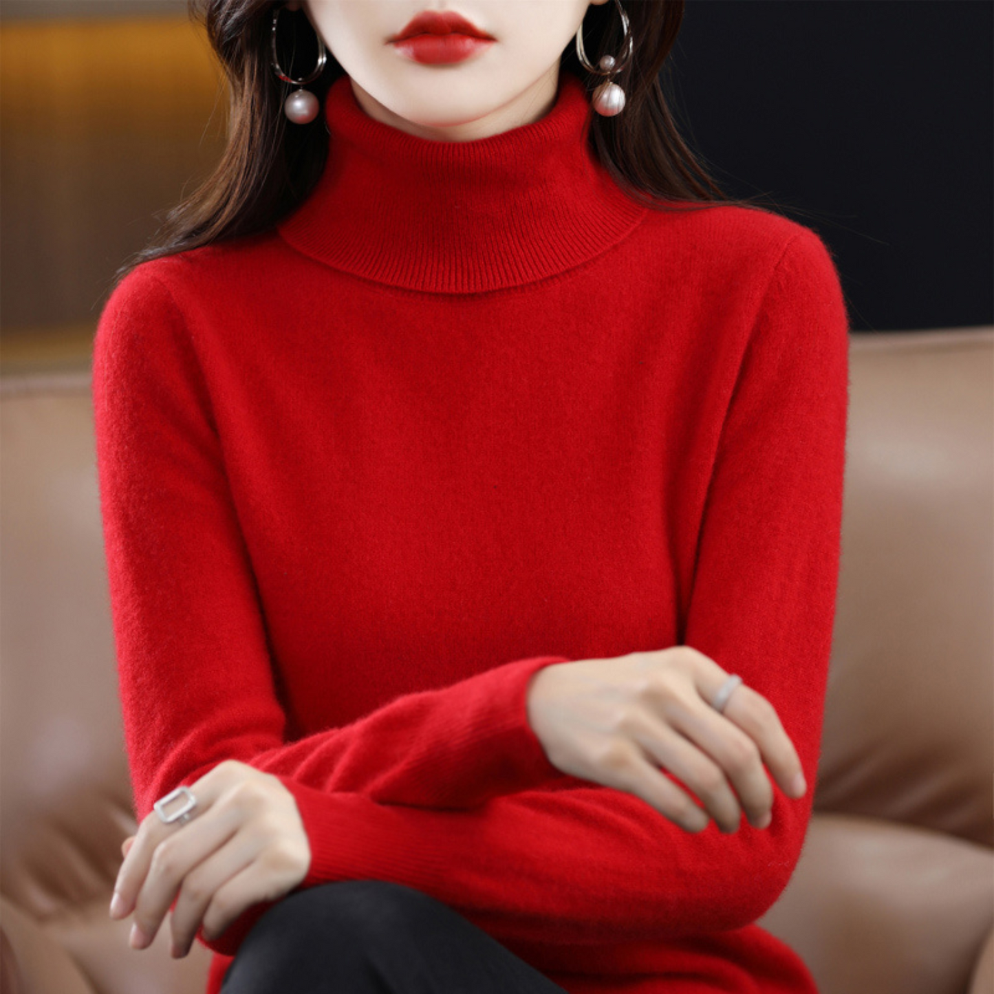 Jersey de cuello alto para mujer, punto premium
