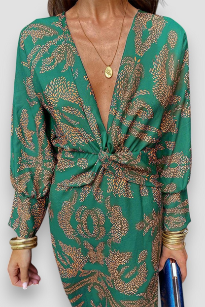 Abito midi floreale con dettaglio a nodo — Abito elegante a manica lunga