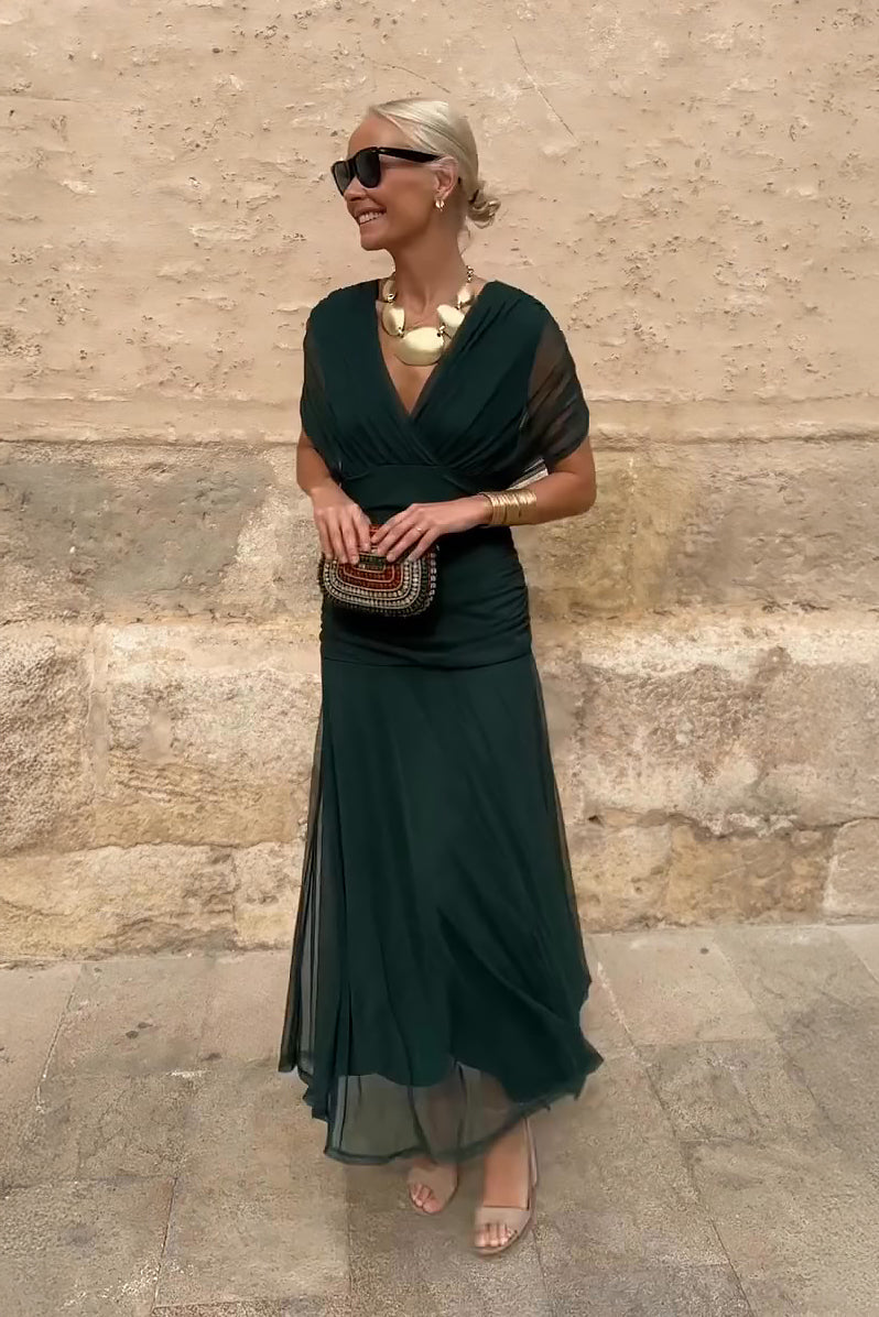 Vestido largo de fiesta con cuello en pico para mujer