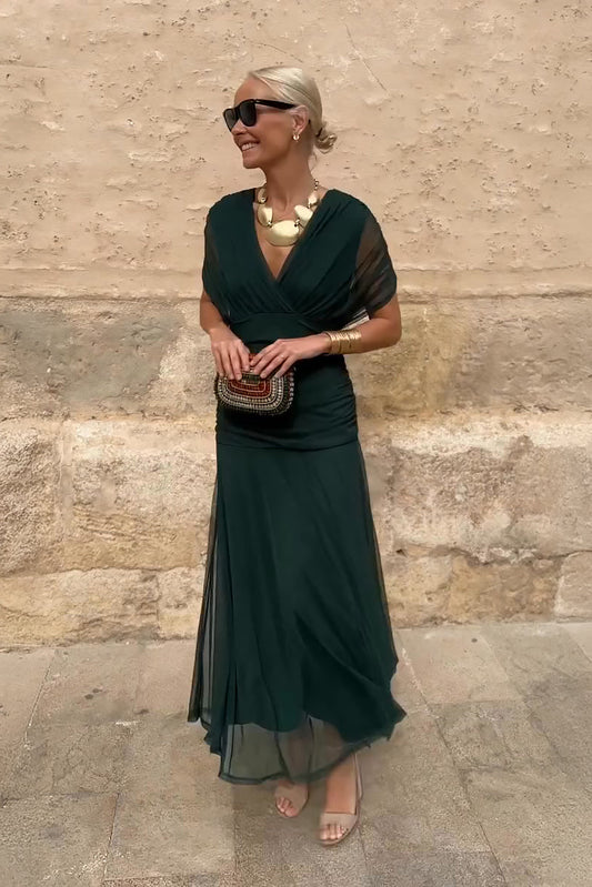 Vestido largo de fiesta con cuello en pico para mujer