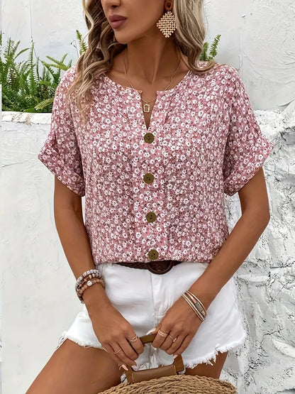 Blusa floreale di lino con dettaglio a bottoni — Camicia chic e versatile