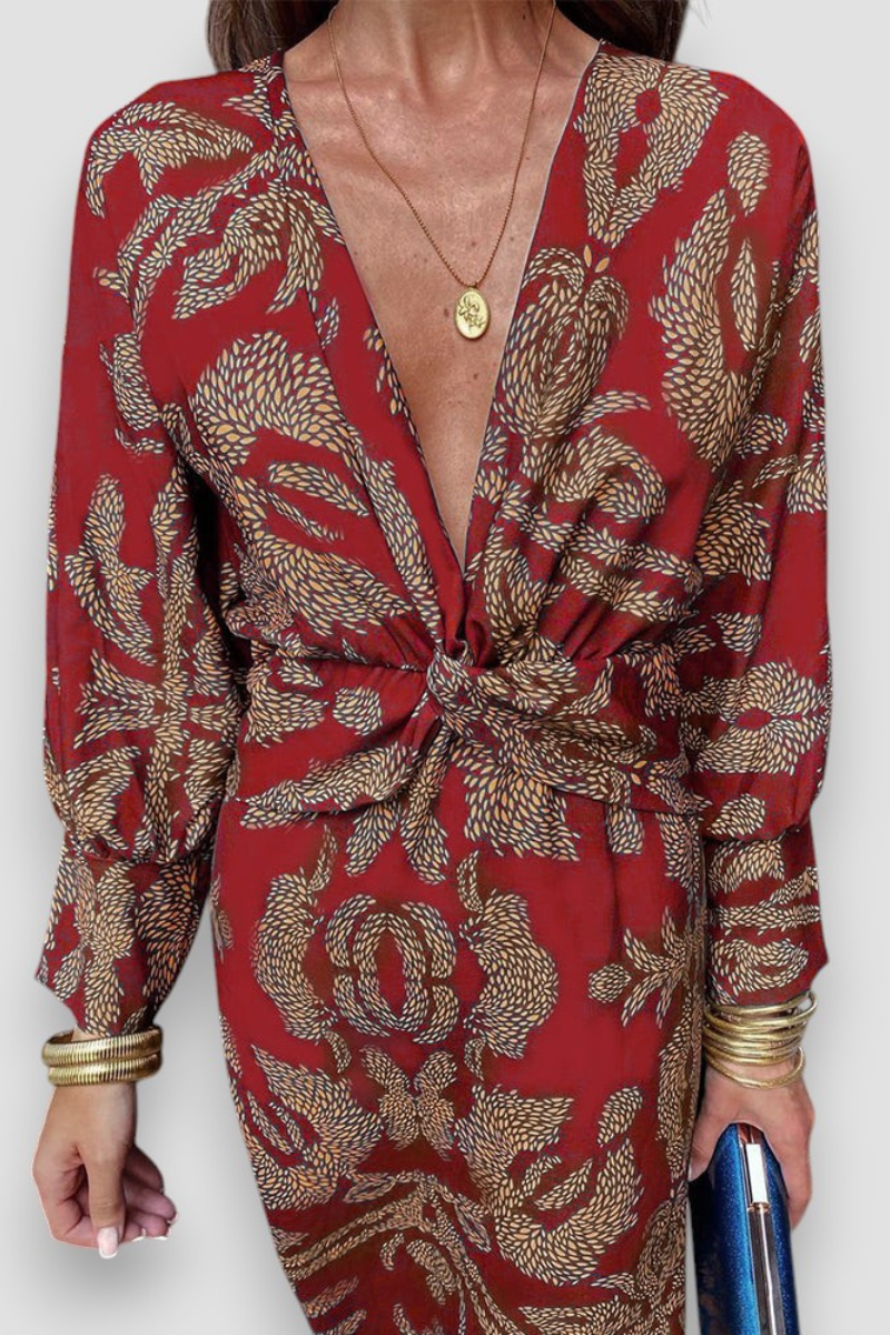 Abito midi floreale con dettaglio a nodo — Abito elegante a manica lunga