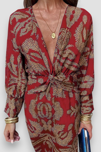 Abito midi floreale con dettaglio a nodo — Abito elegante a manica lunga