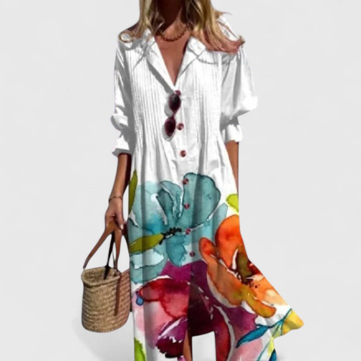 Abito lungo di lino stampato in stile boho — Abito bohémien elegante