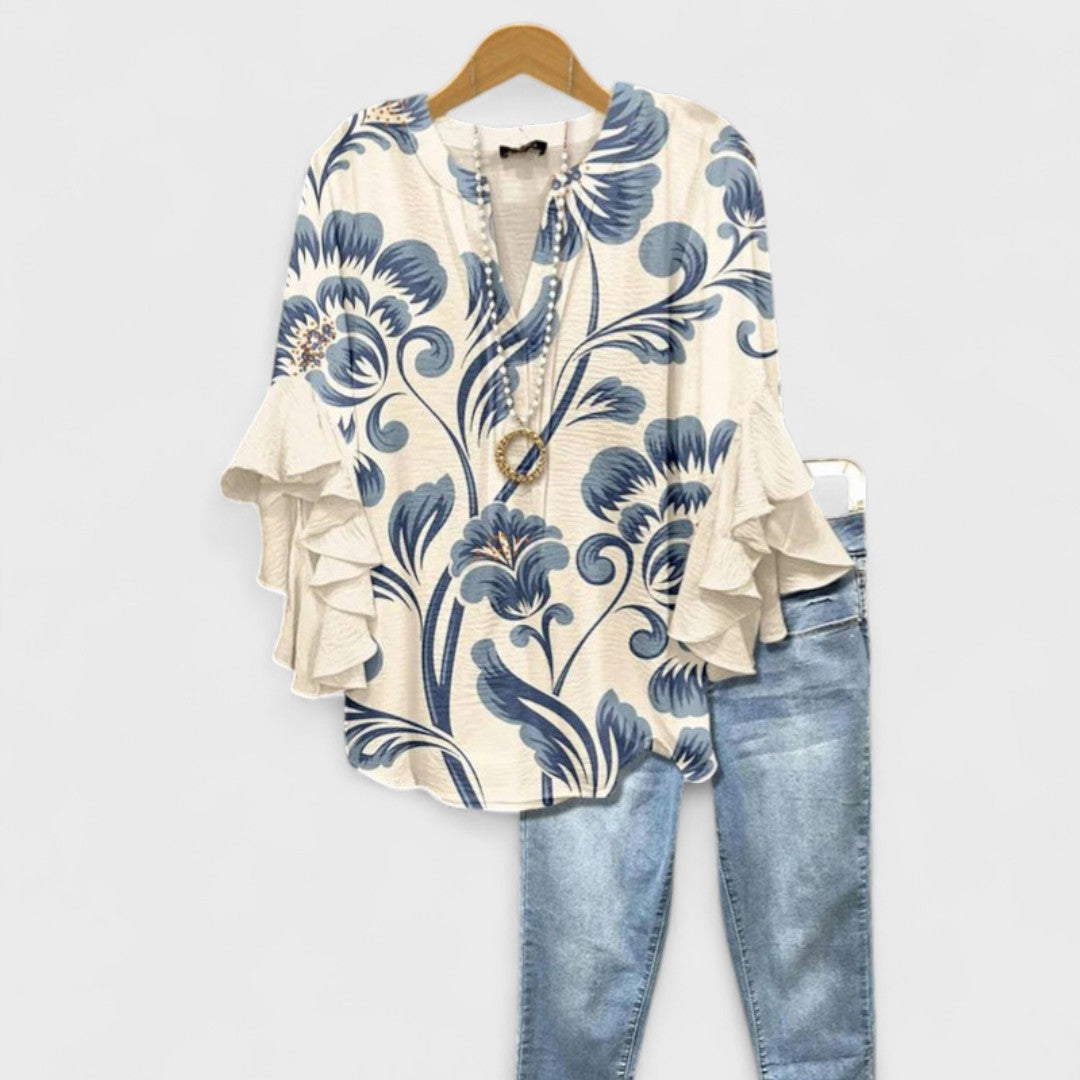 Blusa con scollo a V e maniche a volant — Blusa stampata elegante