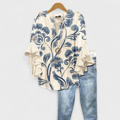 Blusa con scollo a V e maniche a volant — Blusa stampata elegante