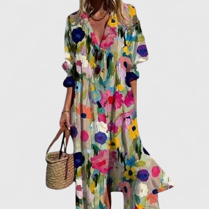 Abito lungo di lino stampato in stile boho — Abito bohémien elegante