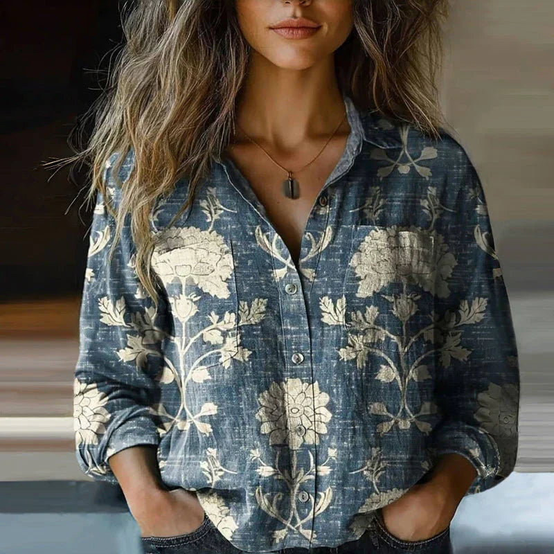 Blusa boho con stampa floreale — Blusa a manica lunga con colletto a camicia