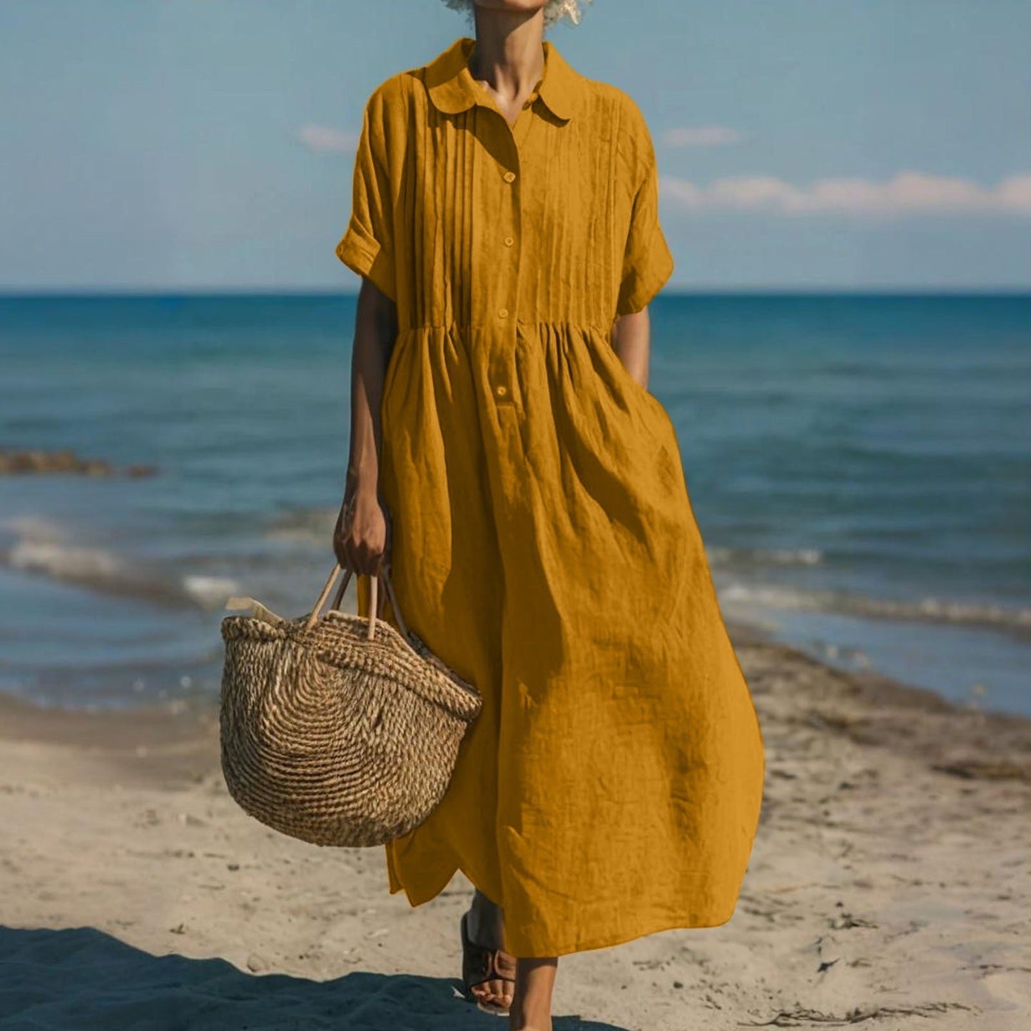 Vestido midi para mujer, cuello camisero