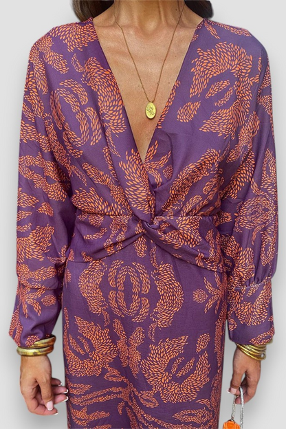 Abito midi floreale con dettaglio a nodo — Abito elegante a manica lunga