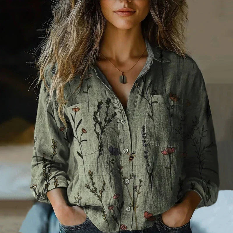 Blusa boho con stampa floreale — Blusa a manica lunga con colletto a camicia