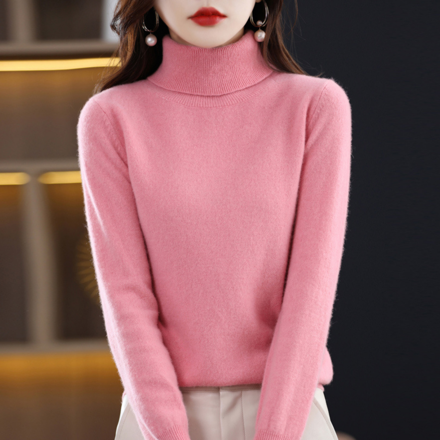 Jersey de cuello alto de cachemira para mujer, ligero