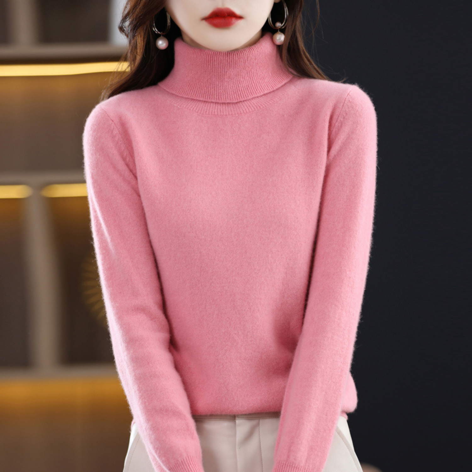 Jersey de cuello alto de cachemira para mujer, ligero