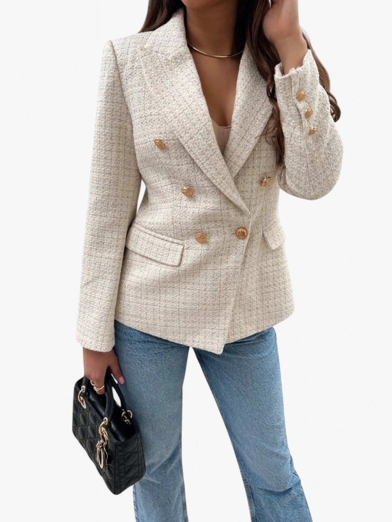 Blazer in tweed aderente con bottoni dorati — Giacca texturizzata elegante