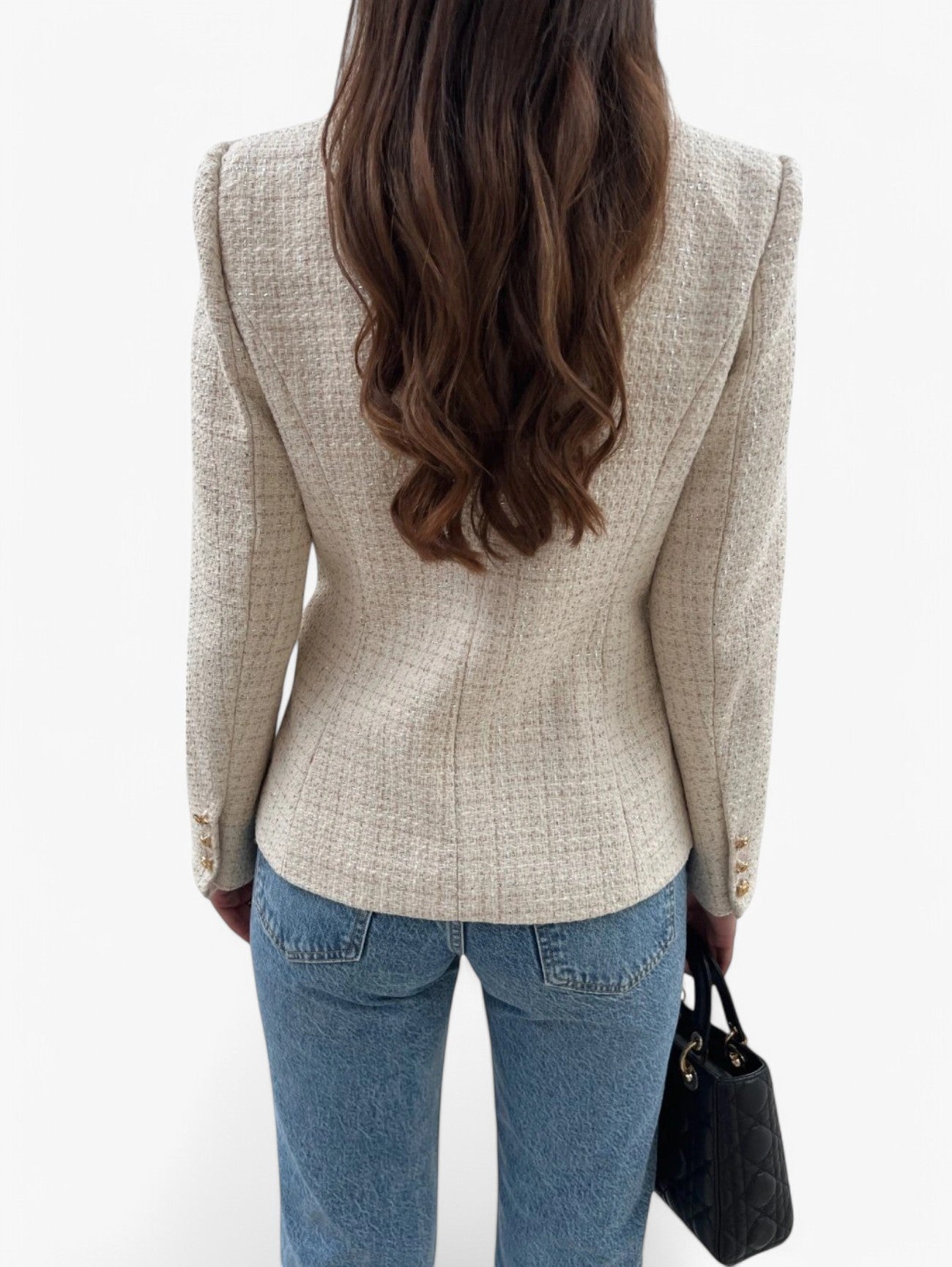 Blazer in tweed aderente con bottoni dorati — Giacca texturizzata elegante