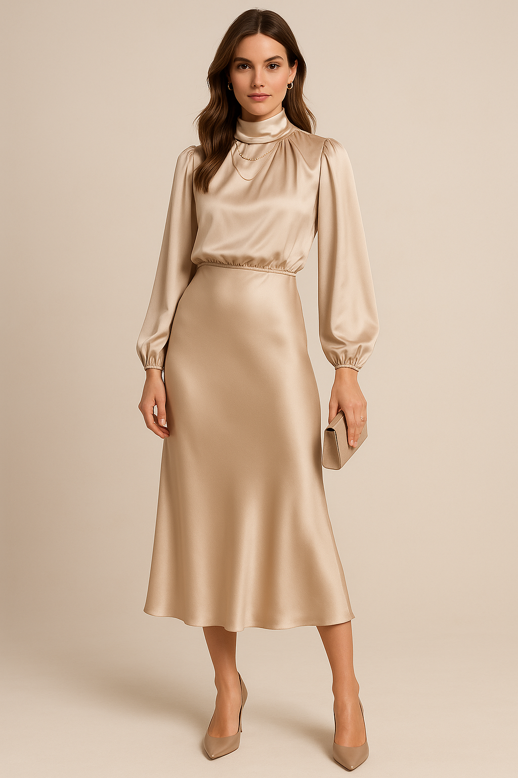 Abito midi a vita alta — Abito elegante a collo alto