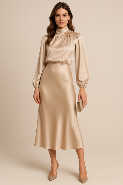 Abito midi a vita alta — Abito elegante a collo alto