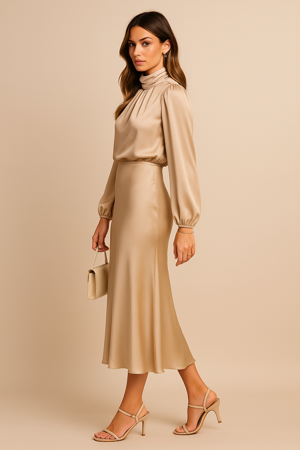 Abito midi a vita alta — Abito elegante a collo alto