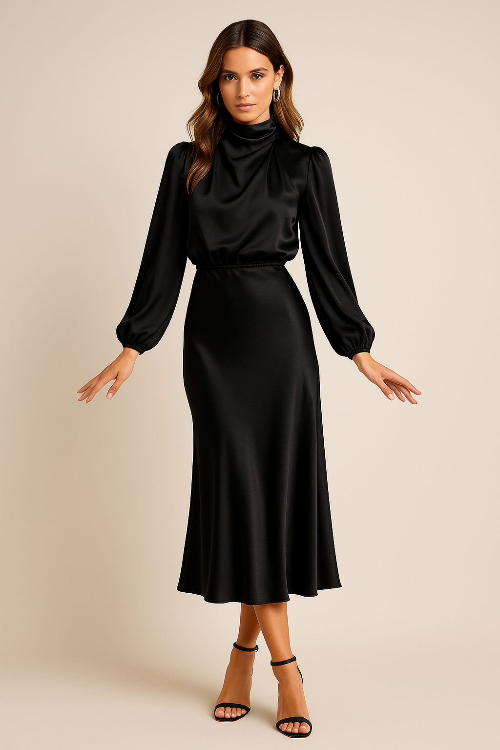 Abito midi a vita alta — Abito elegante a collo alto