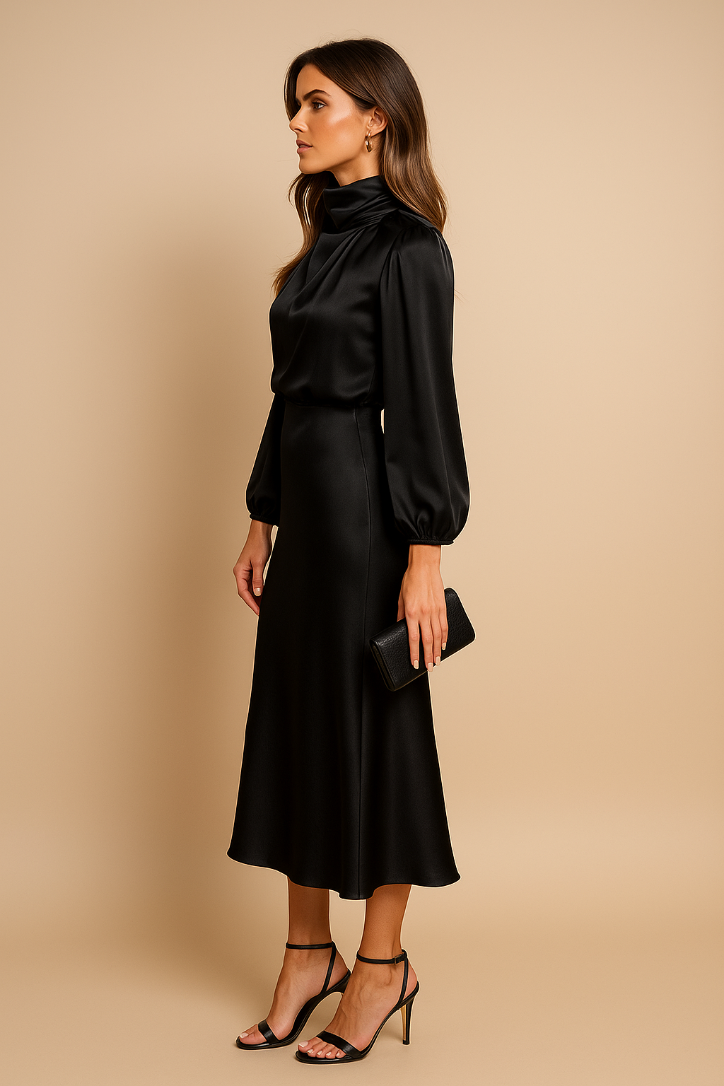Abito midi a vita alta — Abito elegante a collo alto