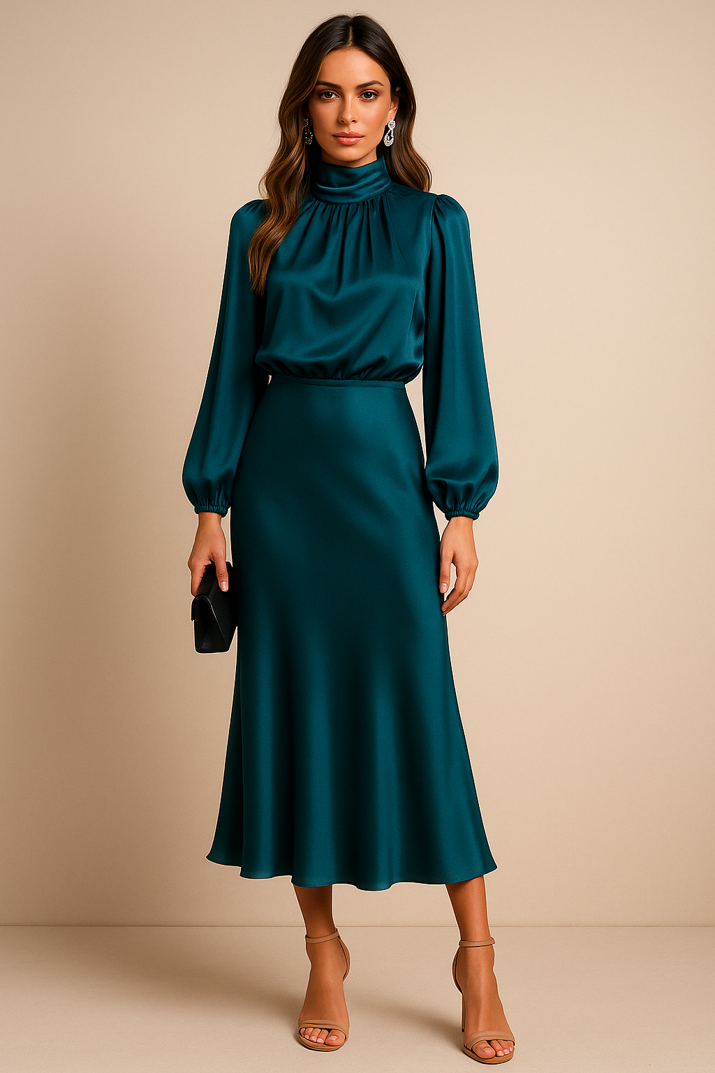 Abito midi a vita alta — Abito elegante a collo alto