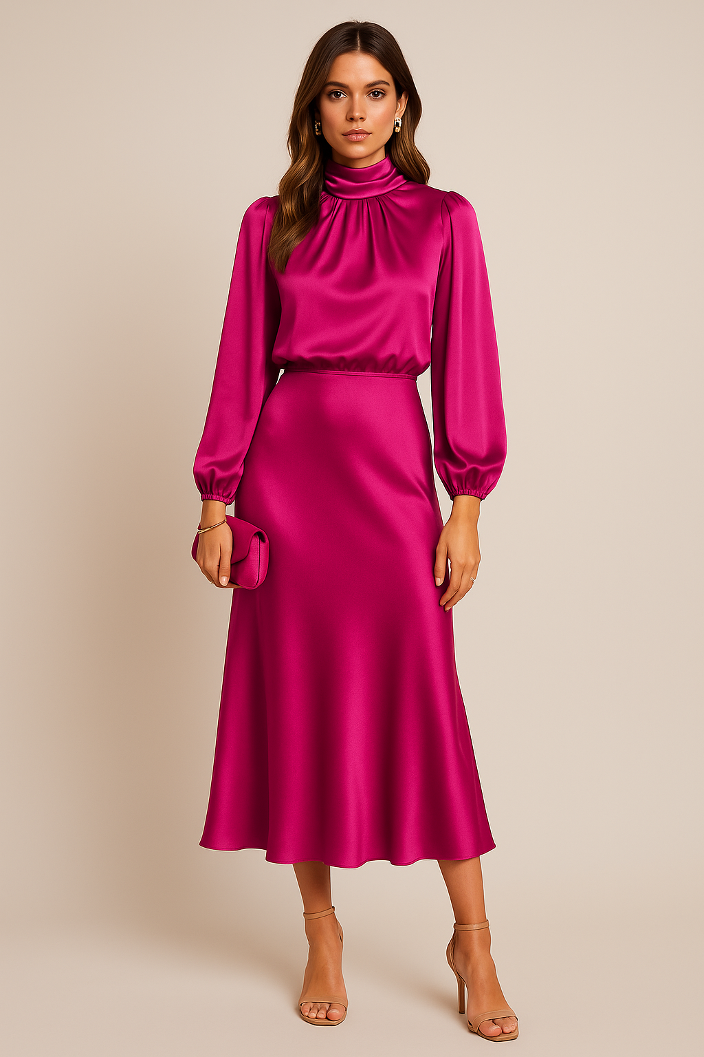 Abito midi a vita alta — Abito elegante a collo alto
