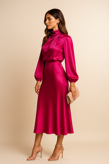 Abito midi a vita alta — Abito elegante a collo alto