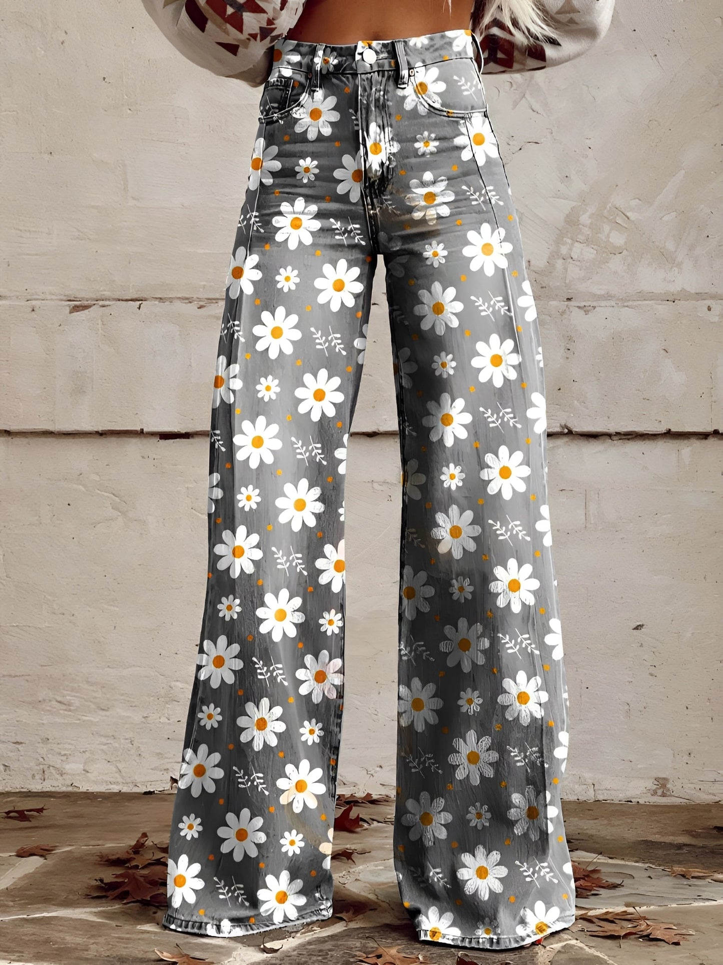 Jeans a gamba larga e vita alta con stampa floreale — Jeans a zampa