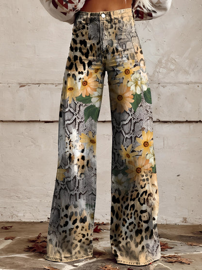 Jeans a gamba larga e vita alta con stampa floreale — Jeans a zampa