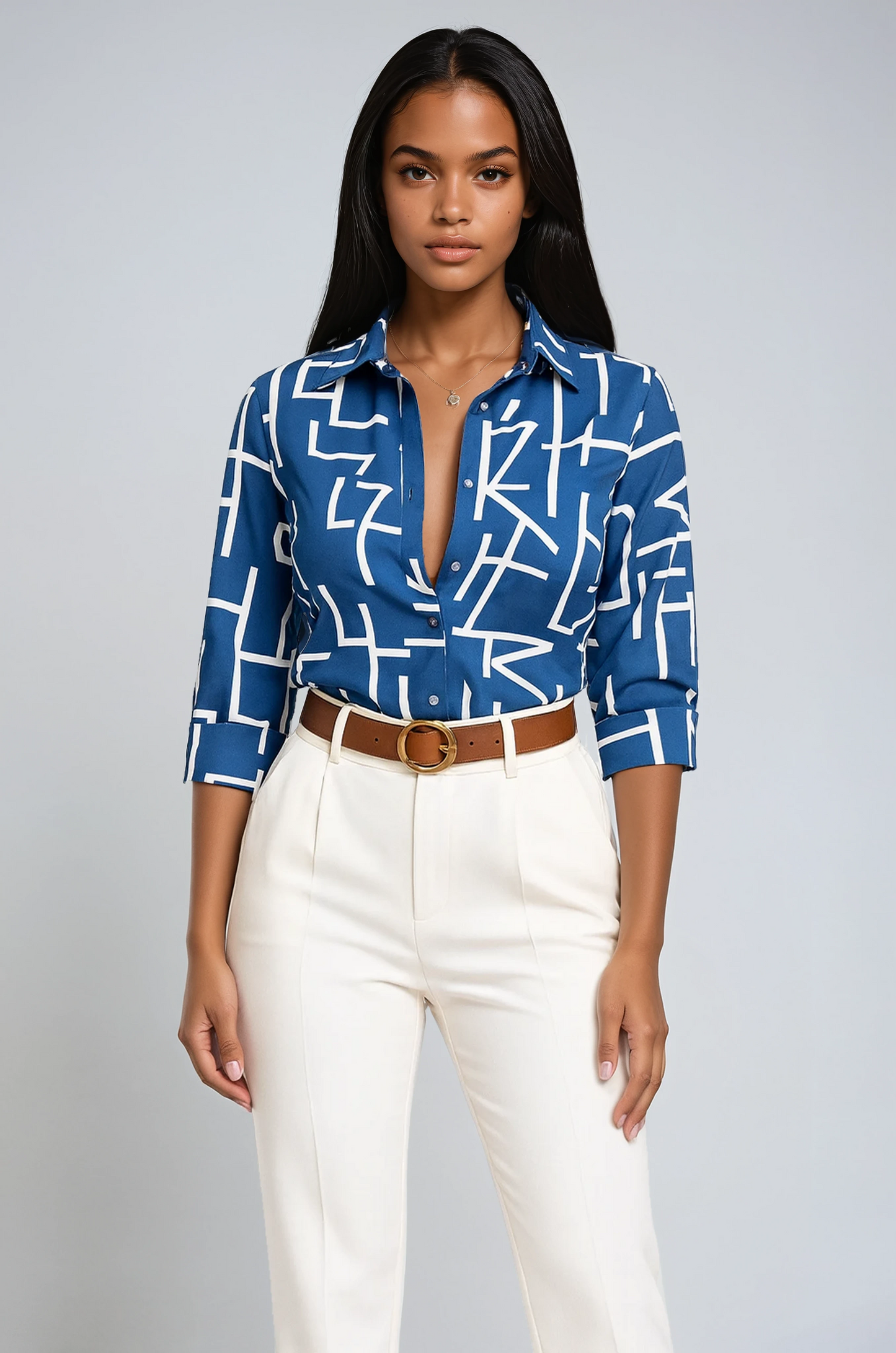 Blusa di lino con stampa geometrica, colletto e bottoni — Manica 3/4