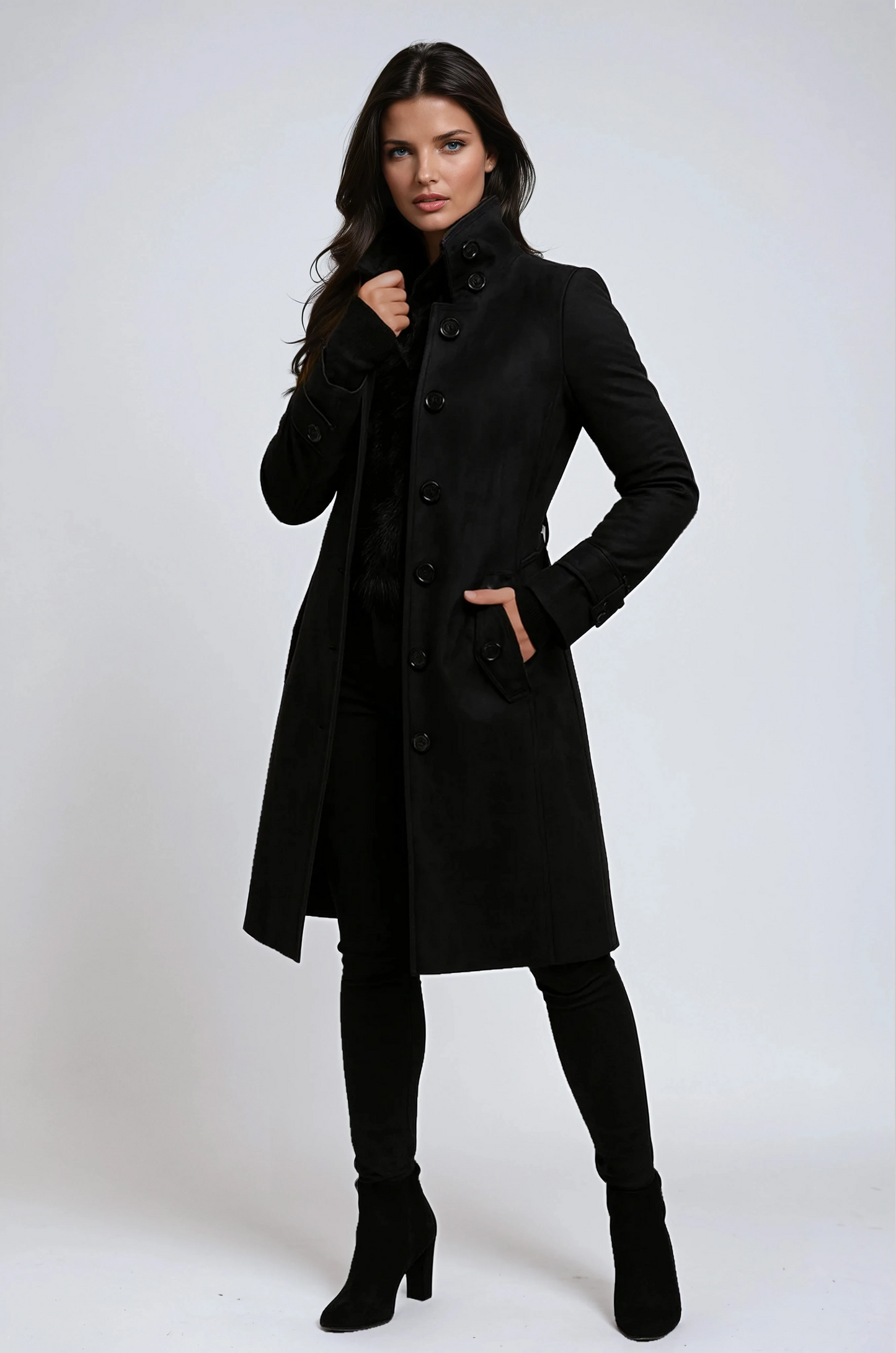 Trench di lino lungo e aderente con bottoni — Cappotto classico di mezza stagione