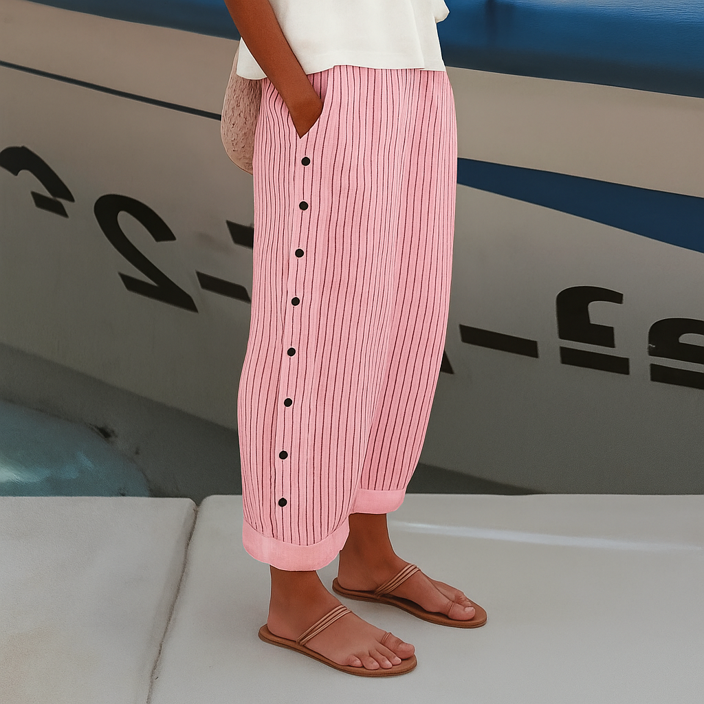 Pantalones de rayas con botones laterales para mujer, verano